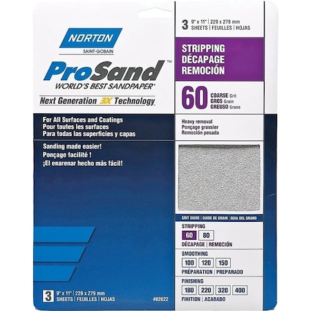 Norton Co ProSand 07660768164 Sanding Sheet, 11 in L, 9 in W, Coarse, 60 Grit, Aluminum Oxide Abrasive 2622