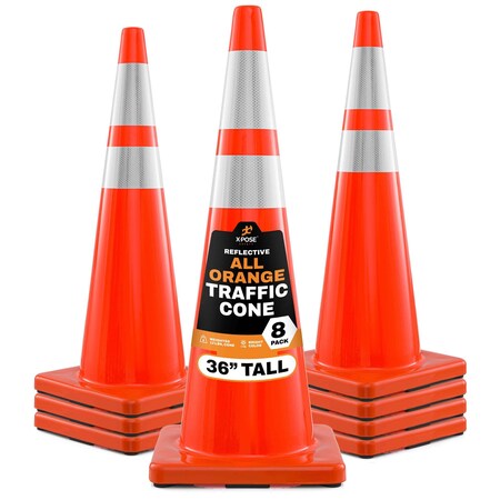 Xpose Safety 36 Inch Orange Traffic Cones Heavy Duty 12lb with 6in and 4in Collars, DOT Approved, 8PK AOTC36-64-12L-8-X