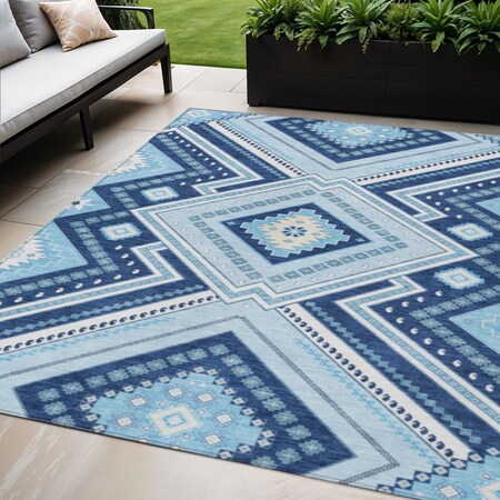 Homeroots 5' X 8' Navy Blue Aqua And Ivory Tribal Washable Indoor Outdoor Area Rug 598137