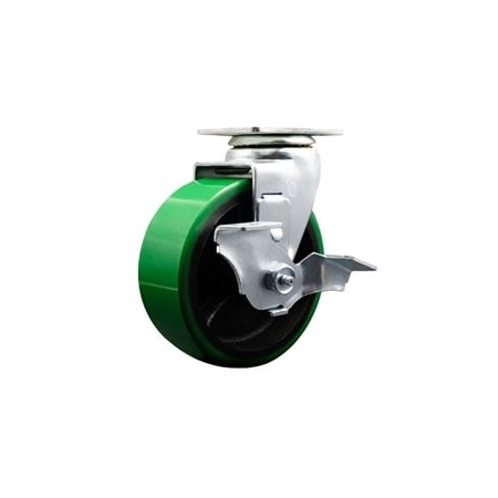 Service Caster 5 Inch Green Poly on Cast Iron Swivel Caster with Ball Bearing and Brake SCC SCC-20S520-PUB-GB-TLB