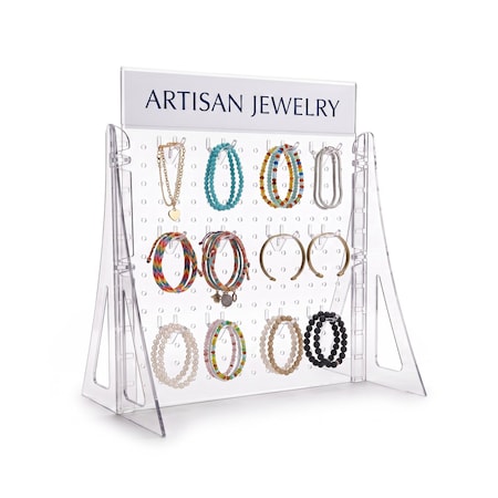 Azar Displays Clear Acrylic Countertop Pegboard Display, Sign Holder, 12 Clear 2 in Hooks, 15.5 inW x 19 inH 700515-CLR-2C12