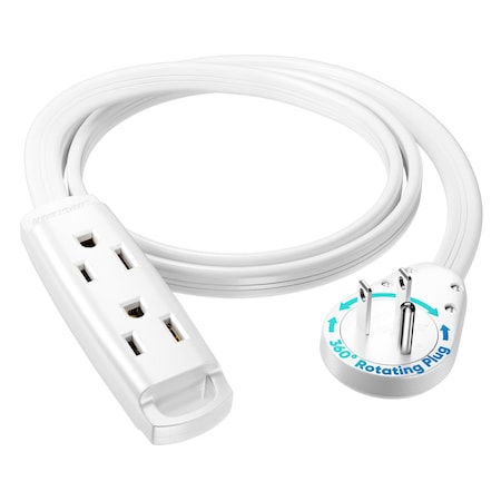 Maximm 3ft 14AWG 3-Outlet 360 degrees Flat Plug Extension Cord w/ Loop, UL, White ADW-S360-C1F03-14W0