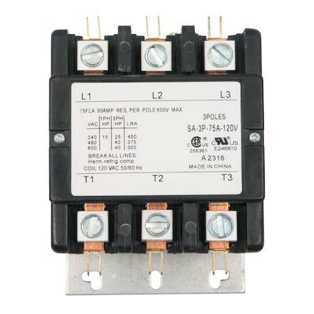 Brah Electric Definite Purpose Contactor, 380 V, 3 P, Non-Reversing, 3 Phase, Box Lug BDP3P75A380V