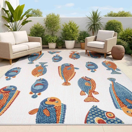 Jonathan Y Algarve Modern Fish High-Low Navy/Orange/Cream 5 ft. x 8 ft. Indoor/Outdoor Area Rug AMC114A-5