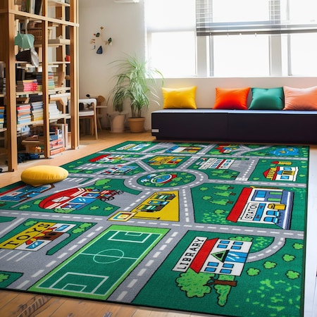 World Rug Gallery Kids Playmat Road Traffic Educational Non Slip Area Rug 6 ft 6 in x 9 ft Green WR27GREEN6X9