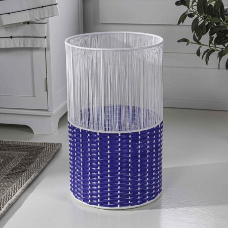 Happimess Harper Modern 4.13-Gallon 2-Tone Faux Wicker Cylinder Outdoor Trash Can, White/Blue HPM1101A
