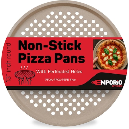 Emporio Kitchen Non-Stick Pizza Pan, 13in Carbon Steel, Perforated, White Marble Coating, Oven Safe EKPIZP1XWH