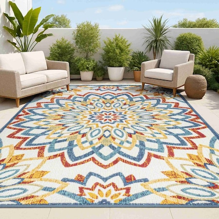 Jonathan Y Flora Abstract Bold Mandala High-Low Red/Blue/Yellow 5 ft. x 8 ft. Indoor/Outdoor Area Rug AMC112A-5
