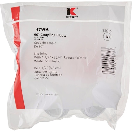 Keeney Mfg 1-1/2'' White Polypropylene 90 Degree Elbow Coupling 47WK