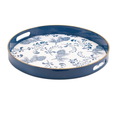 Homeroots 14" Blue White And Gold Pinecone Round Serving Tray 634488