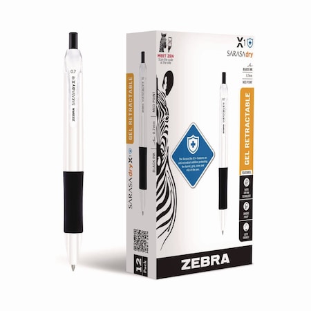 Zebra Pen Sarasa Dry X1+ Gel Pen, Retractable, Medium 0.7 mm, Black Ink, White/Black Barrel, 12PK 41510