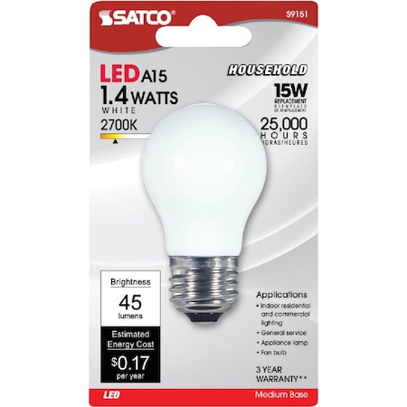 Satco 15W Equivalent Soft White A15 Medium LED Decorative Fan Light Bulb S9151