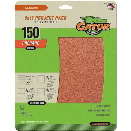 Gator Sanding Sheet, 11 in L, 9 in W, Fine, 150 Grit, Garnet Abrasive, Paper Backing 4464