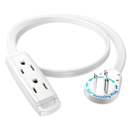 Maximm 1ft 14AWG 3-Outlet 360 degrees Flat Plug Extension Cord w/ Loop, UL, White ADW-S360-C1F01-14W0