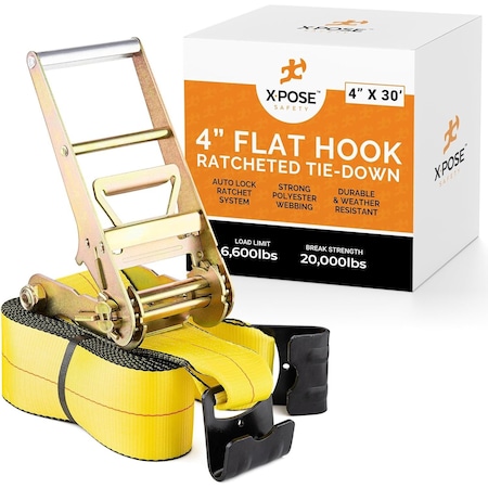 Xpose Safety Ratchet Straps Heavy Duty, 4 In x 30 FT Tie Down Straps Ratchet Operated with Flat Hooks RTD430-FH-1-X