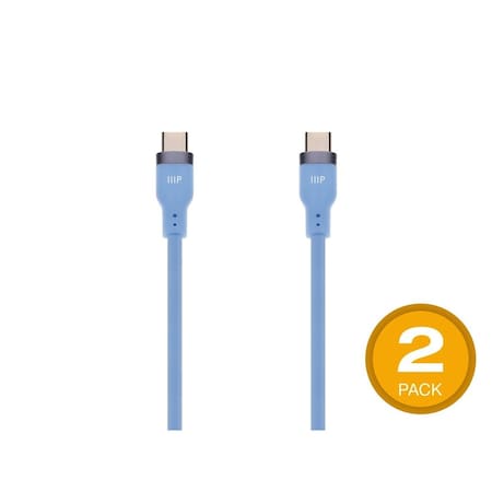 Monoprice USB-C to USB-C Silicone Charging Cable - USB 2.0, 240W PD, Ultra Flexible, 10ft, Blue, 2PK 48860