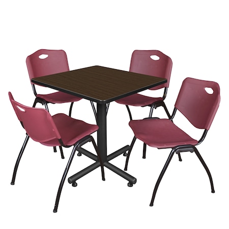 Regency Square Kobe Breakroom Table W/ 4 M Stack Chairs, 30 in W, 30 in L, Neo Walnut TKB3030NW47BY