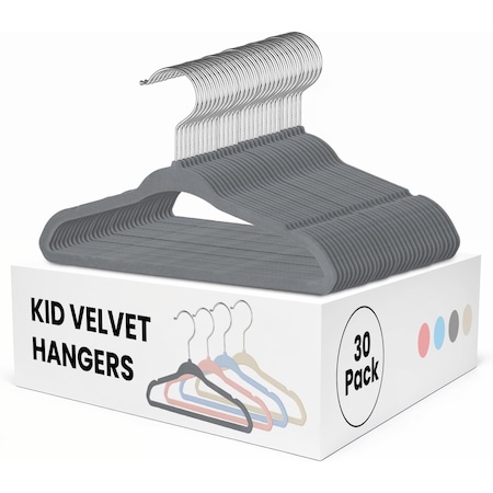 Simple Deluxe Kids Velvet Hangers, 11 Inch Durable Children Hangers for Closet, Grey, 30PK HKHANGVELVETKID30GRY