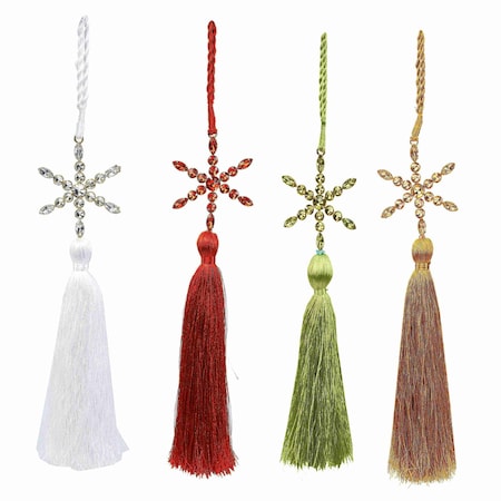 Homeroots Set of Four Gold Green Red And White Handmade Snowflake With Tassel Ornaments, 4PK 548238