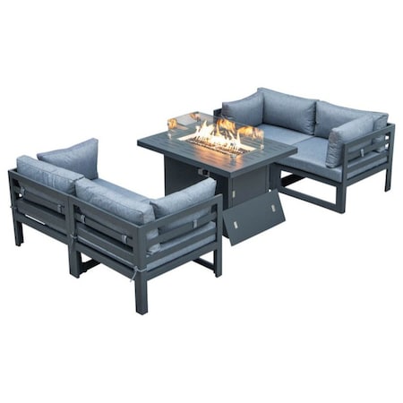 Leisuremod Chelsea 5-Piece Sectional Loveseat and Fireplace Set Black Aluminum with Blue Cushions CSFCBL-4BU