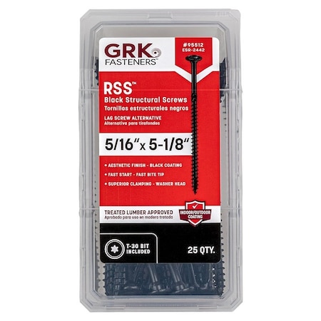 Grk Fasteners RSS Series Structural Screw, 5-1/8 in L, Coarse Thread, Washer Head, Torx Drive, PK25 95512
