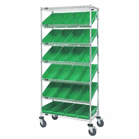 Quantum Storage Systems WIRE SHELVING UNIT W/24 GREEN BINS MOBILE MWRS-7-108GN