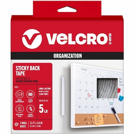 Velcro Brand Reclosable Fastener, 15 ft, 3/4" Wd, White 90082