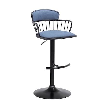 Armen Living Nash Adjustable Black Wood Bar Stool in Blue Fabric with Black Metal LCNABABLKBLU