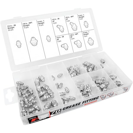 Performance Tool 70 pc. Grease Fitting Assortment, Grease Nipples, SAE/Metric, Plastic Case W5215