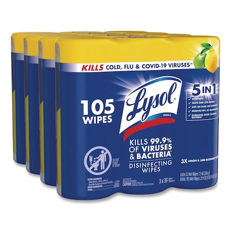 Lysol Disinfecting Wipes, 1-Ply, 7 x 7.25, Lemon and Lime Blossom, White, 35 Wipes/Canister, PK12 REC 81145