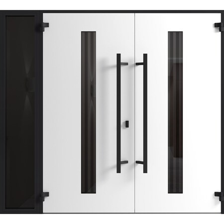 Vdomdoors Front Exterior Prehung Aluminum Double Doors Ronex1055 Teak 1 Sidelight Mirrored Clear Glass Entry RONEX1055DEXD-OAK-W72+12xH80-LH-O