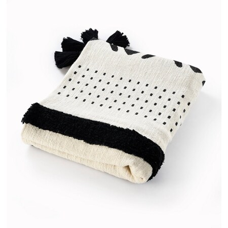 Homeroots 60" X 50" Black and White Woven Cotton Striped Throw Blanket with Tassels 516485