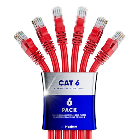 Maximm Cat6 Ethernet Cable 50ft 10Gbps 550MHz UTP, 6PK, Red, 6PK CAT6CCA-50RD-6PK