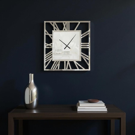 Homeroots 27" Silver Mirrored Glass Silent Analog Square Wall Clock 635643