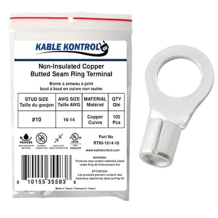 Kable Kontrol Non Insulated Copper Butted Seam Ring Terminal, 16-14 AWG, Stud Size # 10, 100 Pcs, 100PK RTNI-1614-10