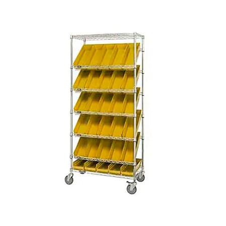 Global Industrial Easy Access Slant Shelf Chrome Wire Cart, 18 4 Shelf Bins Yellow, 36"Lx18x74 269005YL