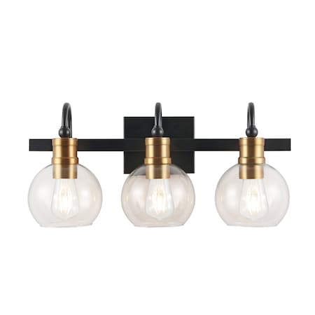 Jonathan Y Marais 21.5" 3-Light Iron/Glass Rustic Vintage LED Vanity Light, Black/Brass Gold JYL3528A