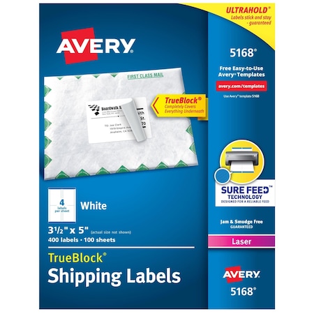Avery Laser Label, 5 in Label W, 3 1/2 in Label H, 4 Labels per Sheet White 7278205168