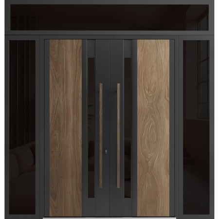 Vdomdoors Aluminum Double Doors Dekton 0163 Venezia Noce 2 Sidelight and Top Transom Entry Door Painted (W104 DEKTON0163DEXD-VEN-W16+72+16xH80+14-RH-O