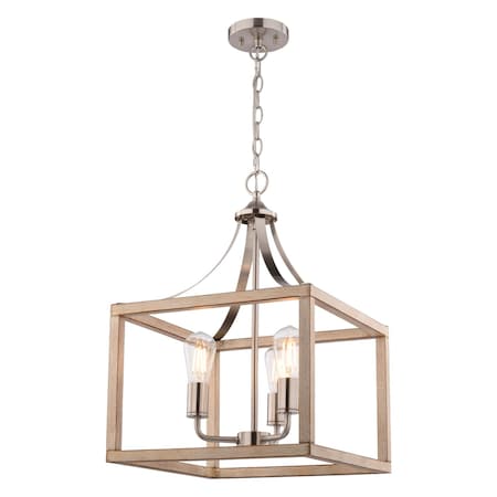 Vaxcel Pratt 3-Light Cage Pendant Light, Two-Tone Satin Nickel and Light Oak, Farmhouse, 15-In. Wide P0470