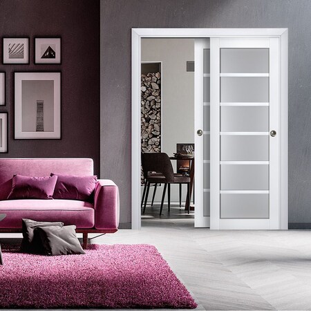 Sartodoors Sliding Closet Bypass Doors with Frosted Glass White 72x84 (2* 36x84) Solid Core Modern Interior VEREGIO7602DBD-WS-7284