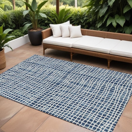 Homeroots 8' X 10' Navy Blue And Ivory Striped Washable Indoor Outdoor Area Rug 583447