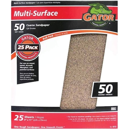 Gator 3267 Sanding Sheet, 11 in L, 9 in W, 50 Grit, Coarse, Aluminum Oxide Abrasive 4212