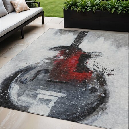 Homeroots 5' X 8' Gray Charcoal And Red Abstract Washable Indoor Outdoor Area Rug 631156