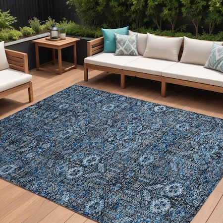 Homeroots 8' X 10' Blue and Black Floral Washable Non Skid Indoor Outdoor Area Rug 564308