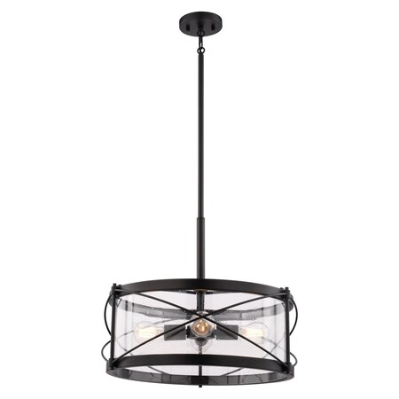 Vaxcel Harrison 4-Light Drum Pendant Light, Matte Black, Clear Seeded Glass, 20-In. Wide P0468