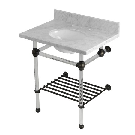 Kingston Brass 30-Inch Carrara Marble Console Sink with Acrylic Legs and Shelf, 8-Inch, 3-Hole KVPB30MAB5