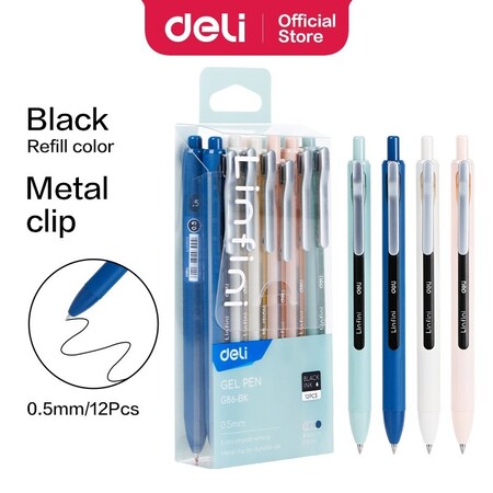 Deli LINFNI Retractable Gel Pen 0.5mm, Black Ink, Metal Clip, 12PK EG86-BK