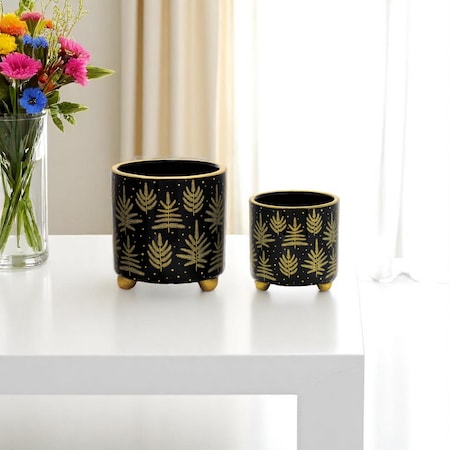 Homeroots Set of Two Black And Gold Ceramic Pot Planters 634493