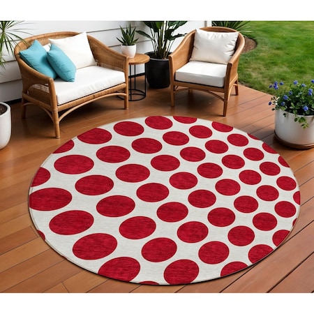 Homeroots 8' Red And Ivory Round Polka Dot Washable Indoor Outdoor Area Rug 614937